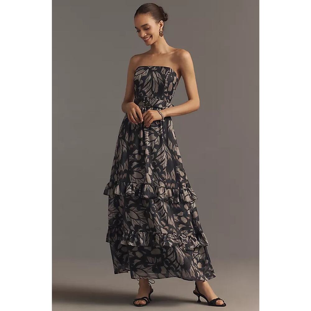 Hutch Sleeveless Belted Maxi Dress Strapless Black Butterfly Print Size LP NWOT